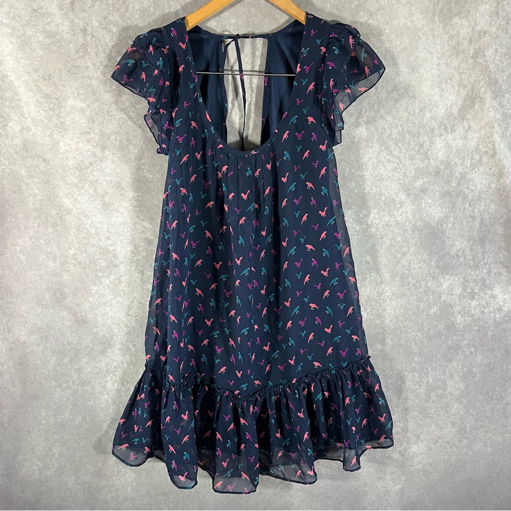American Eagle Bird Print Dress Womens Small Navy Blue Ruffle Hem Open Back